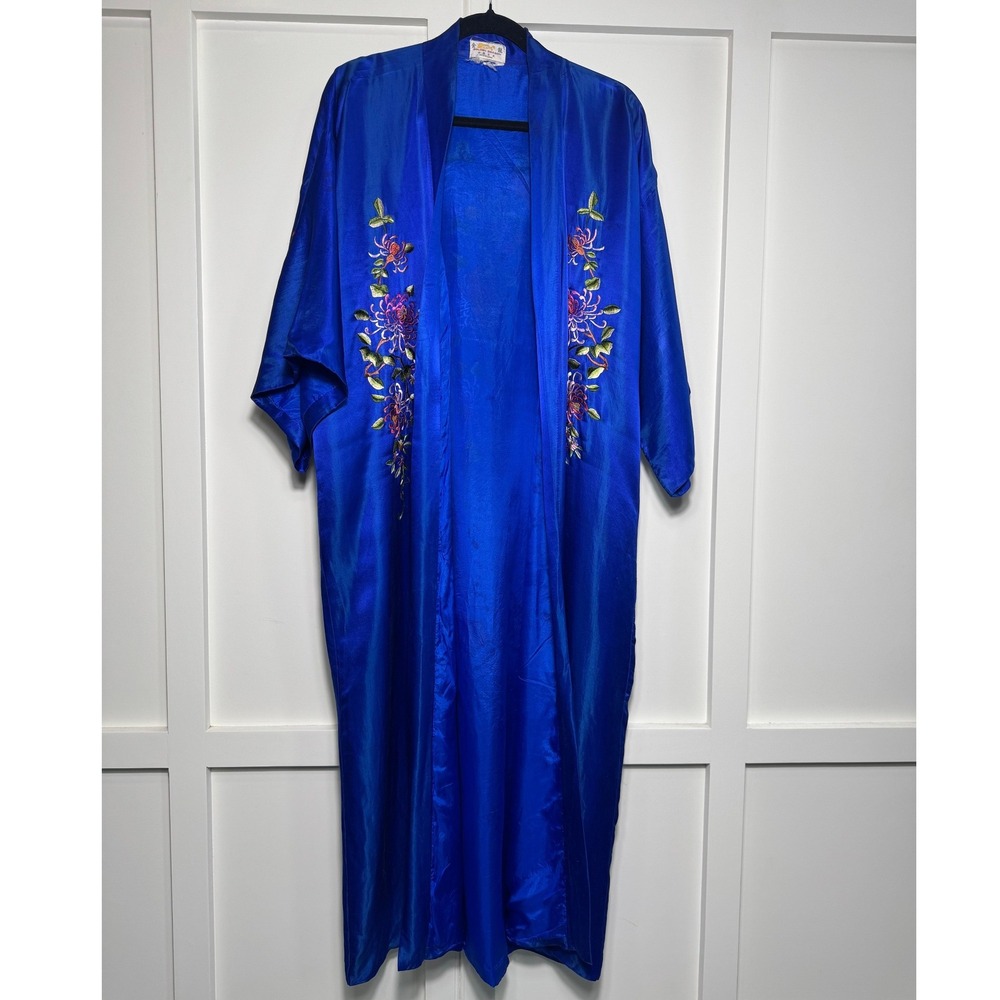 Golden‎ Dragon Vintage Royal Blue Embroidered Floral Kimono Robe Large China
